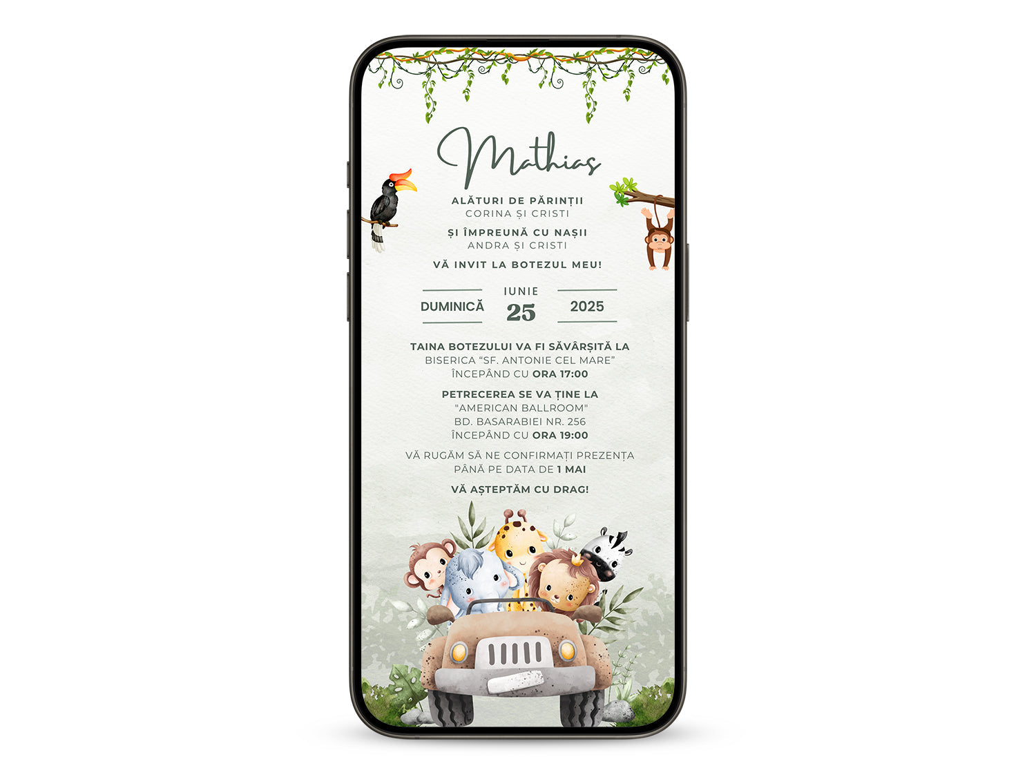 Invitatie Botez Safari Green Edition, Format Digital