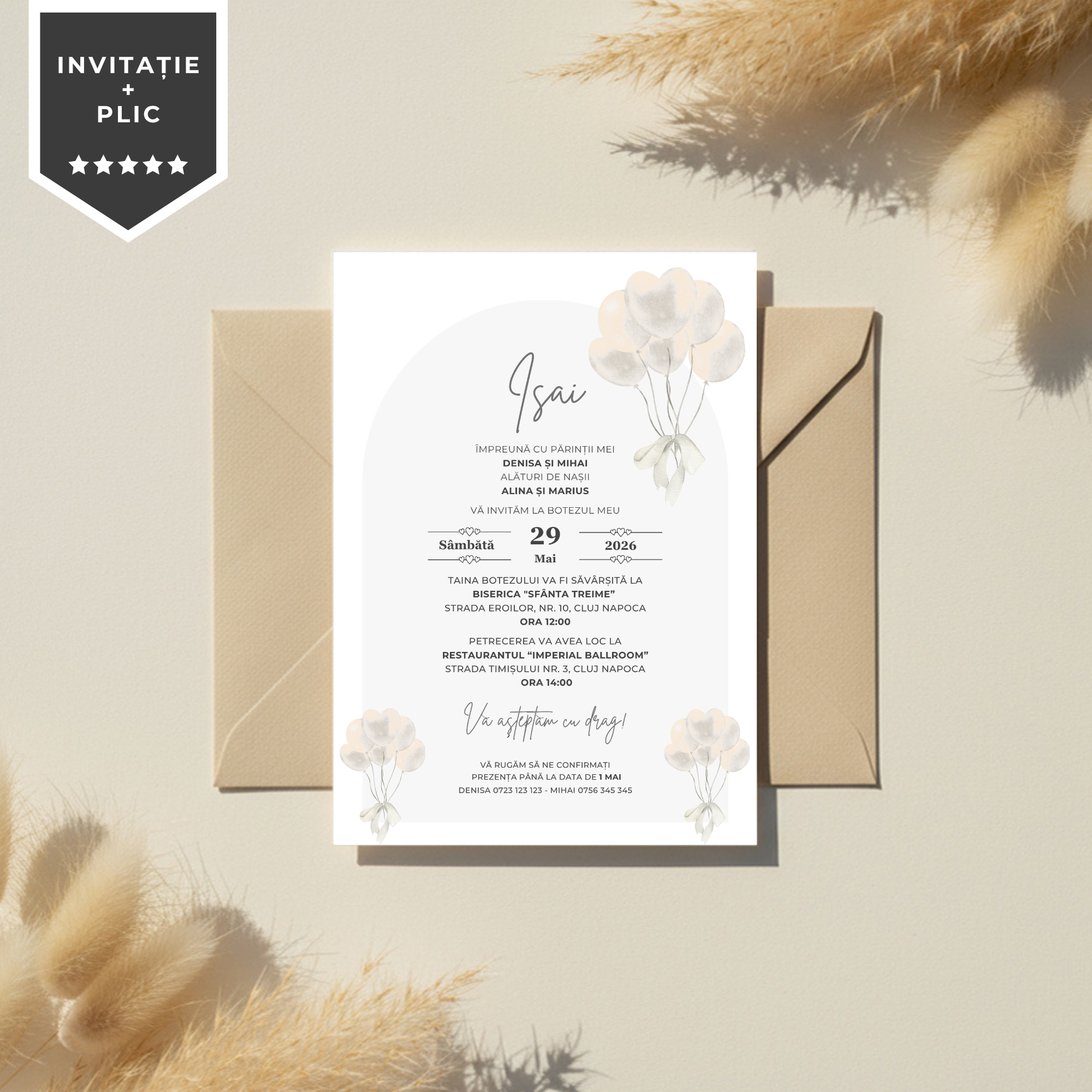 Invitatie Botez Silver Hearts, Format Digital-BalloonEvents.ro