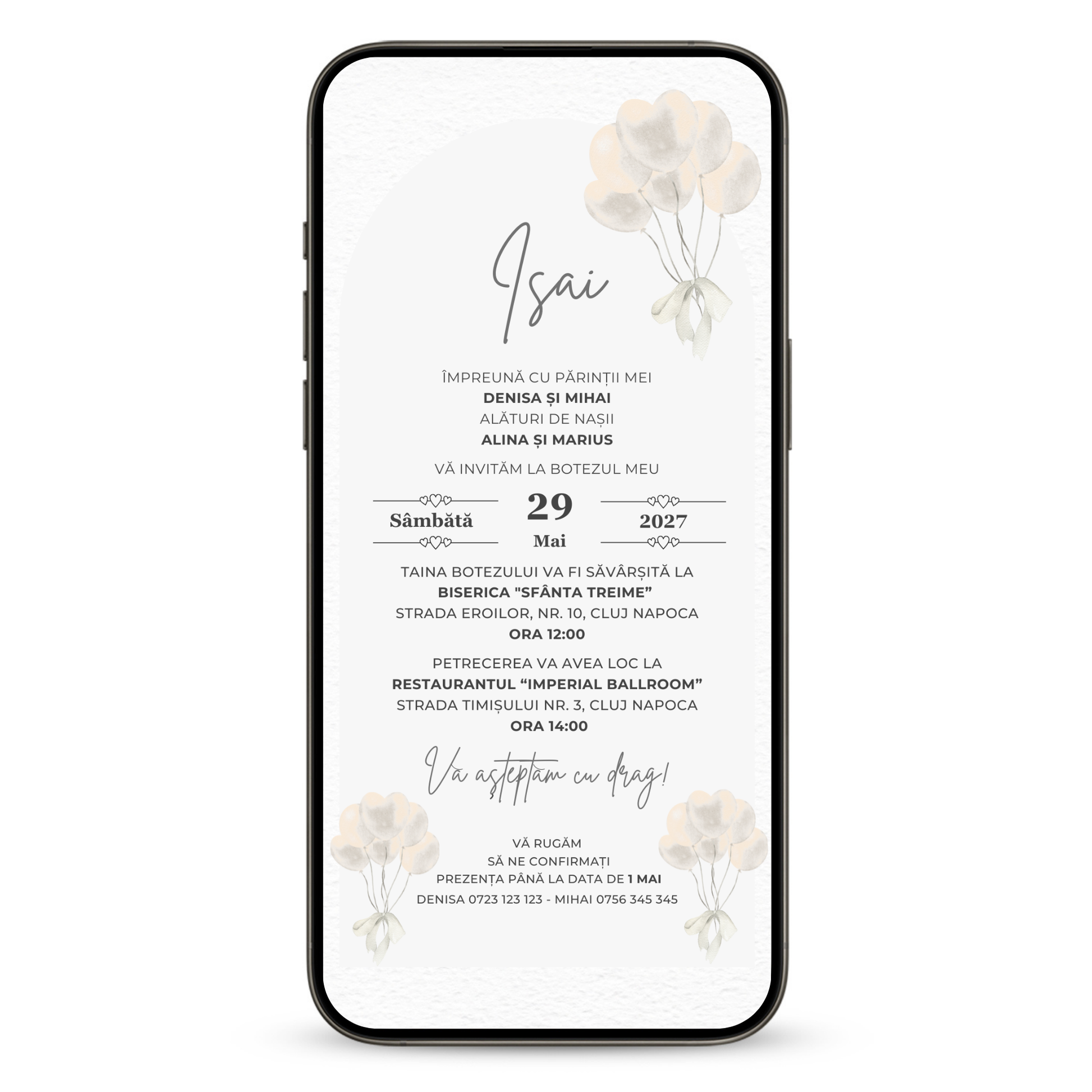 Invitatie Botez Silver Hearts, Format Digital-BalloonEvents.ro