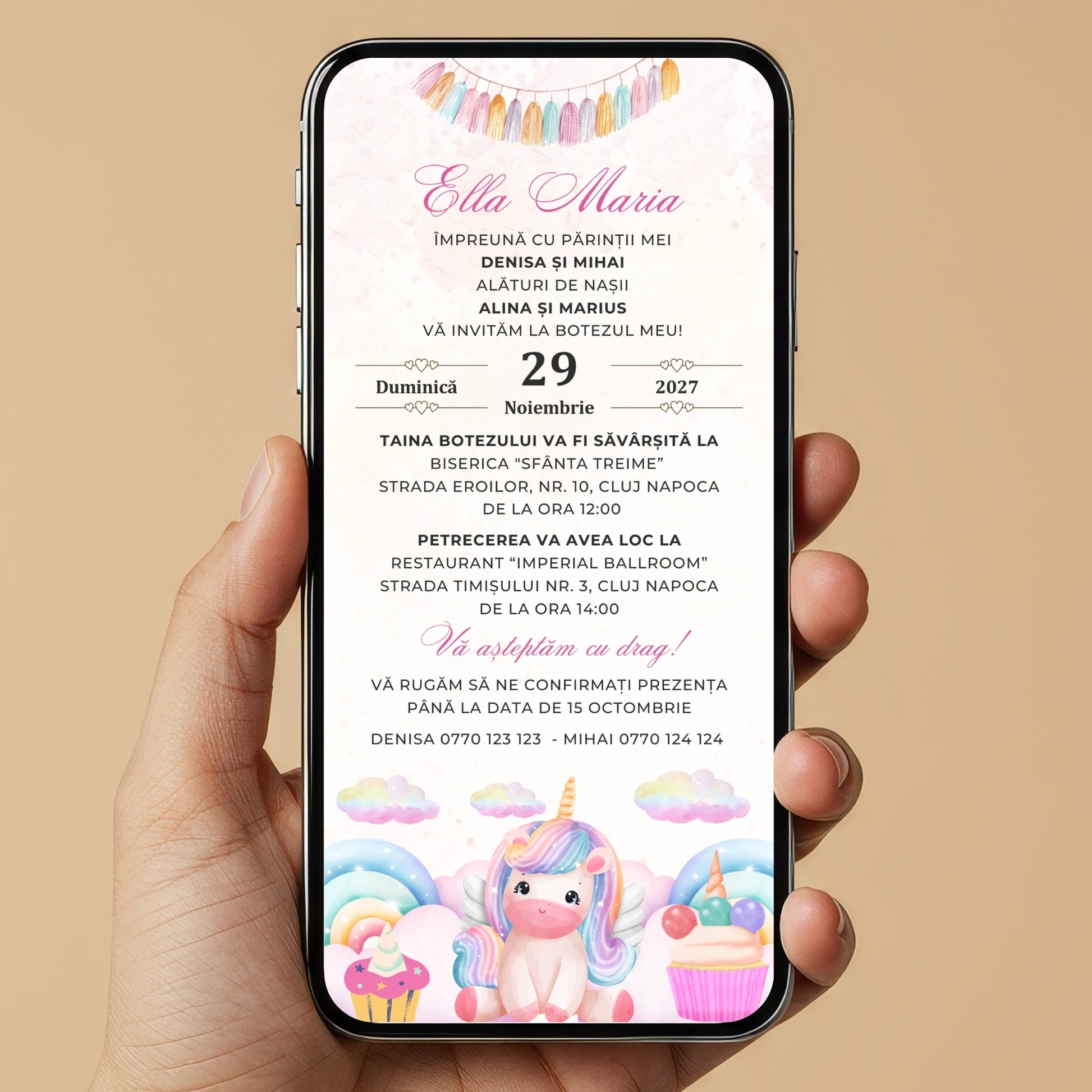 Invitatie Botez Special Unicorn, Format Digital-BalloonEvents.ro