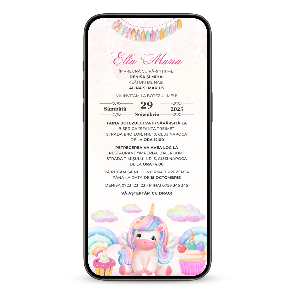 Invitatie Botez Special Unicorn, Format Digital-BalloonEvents.ro