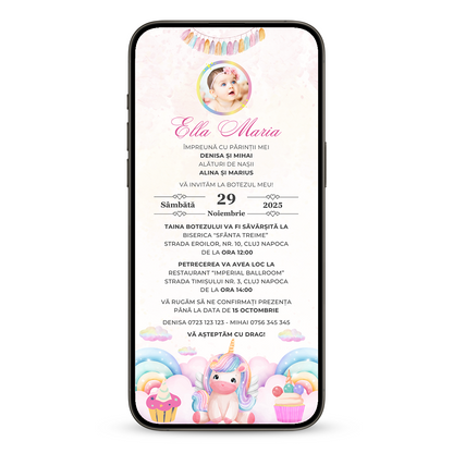 Invitatie Botez Special Unicorn, Format Digital-BalloonEvents.ro
