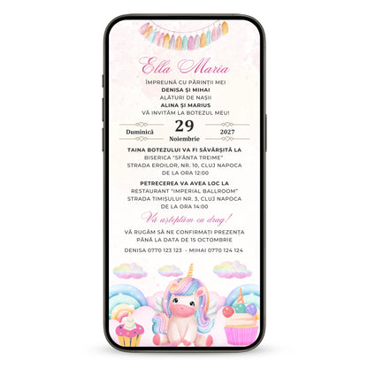 Invitatie Botez Special Unicorn, Format Digital-BalloonEvents.ro