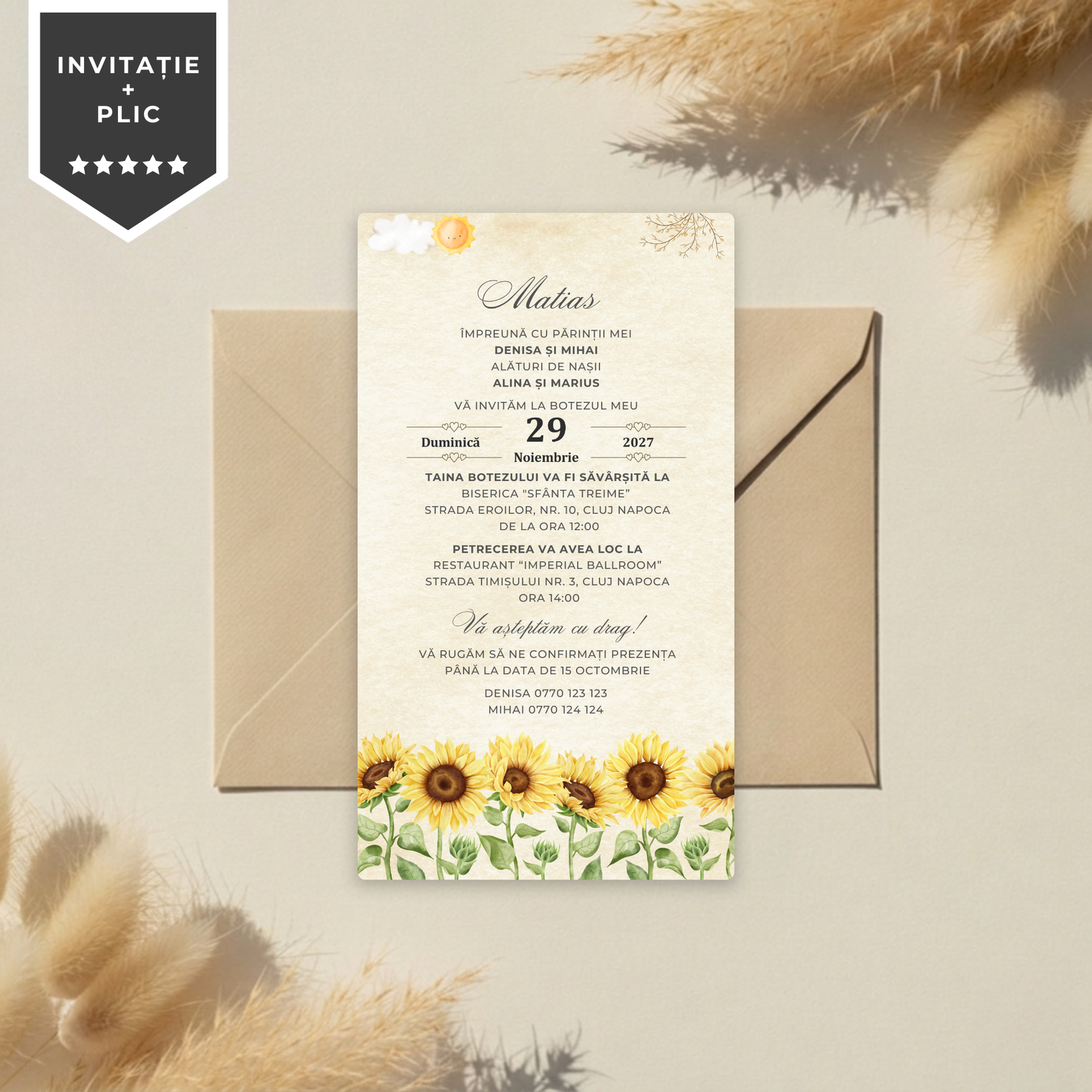 Invitatie Botez Sunflower Baby, Format Digital-BalloonEvents.ro
