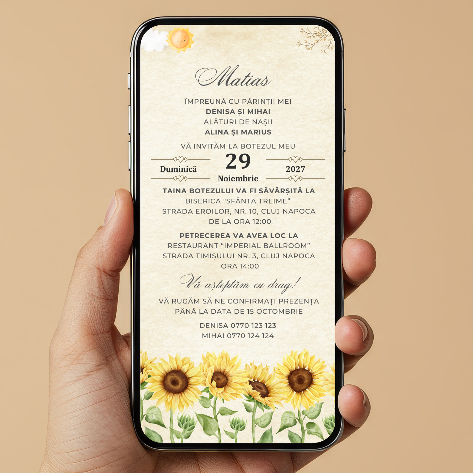 Invitatie Botez Sunflower Baby, Format Digital-BalloonEvents.ro