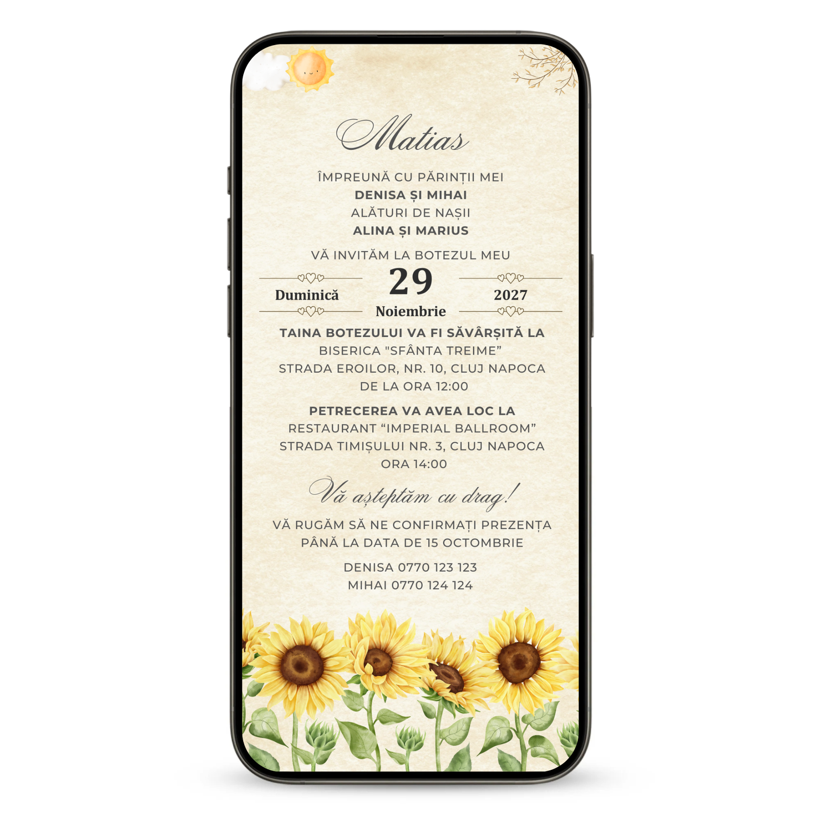 Invitatie Botez Sunflower Baby, Format Digital-BalloonEvents.ro