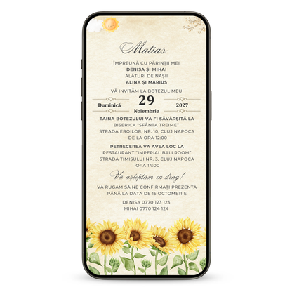 Invitatie Botez Sunflower Baby, Format Digital-BalloonEvents.ro
