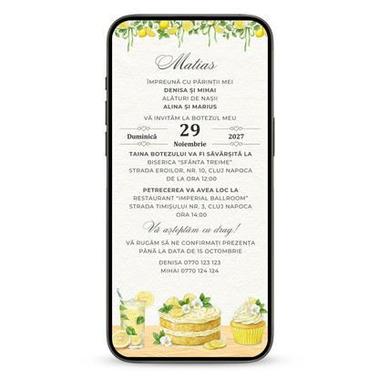 Invitatie Botez Sweet Lemon, Format Digital-BalloonEvents.ro
