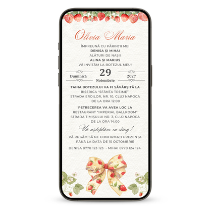 Invitatie Botez Sweet Strawberry, Format Digital-BalloonEvents.ro