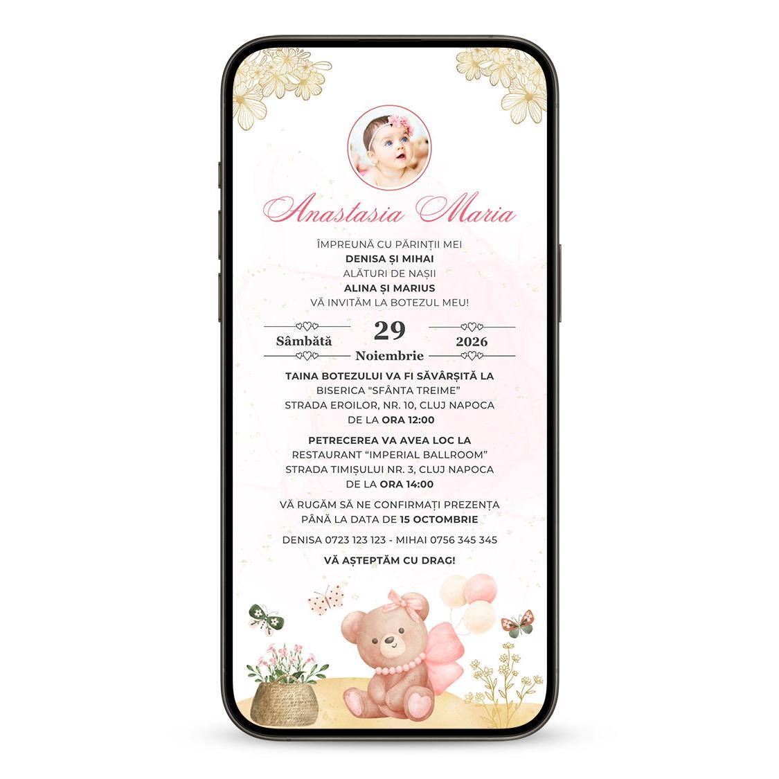 Invitatie Botez Teddy Butterfly, Format Digital-BalloonEvents.ro