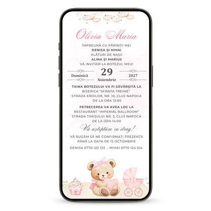 Invitatie Botez Twinkle Baby Bear, Format Digital-BalloonEvents.ro