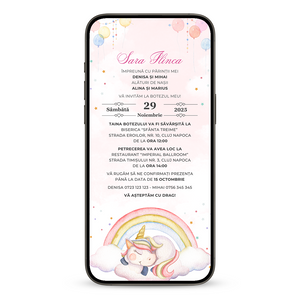 Invitatie Botez Unicorn Balloon, Format Digital