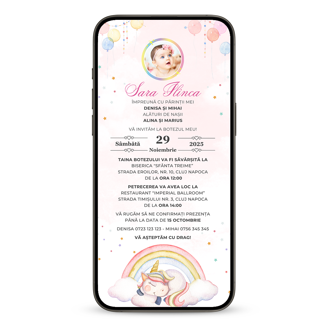 Invitatie Botez Unicorn Balloon, Format Digital-BalloonEvents.ro