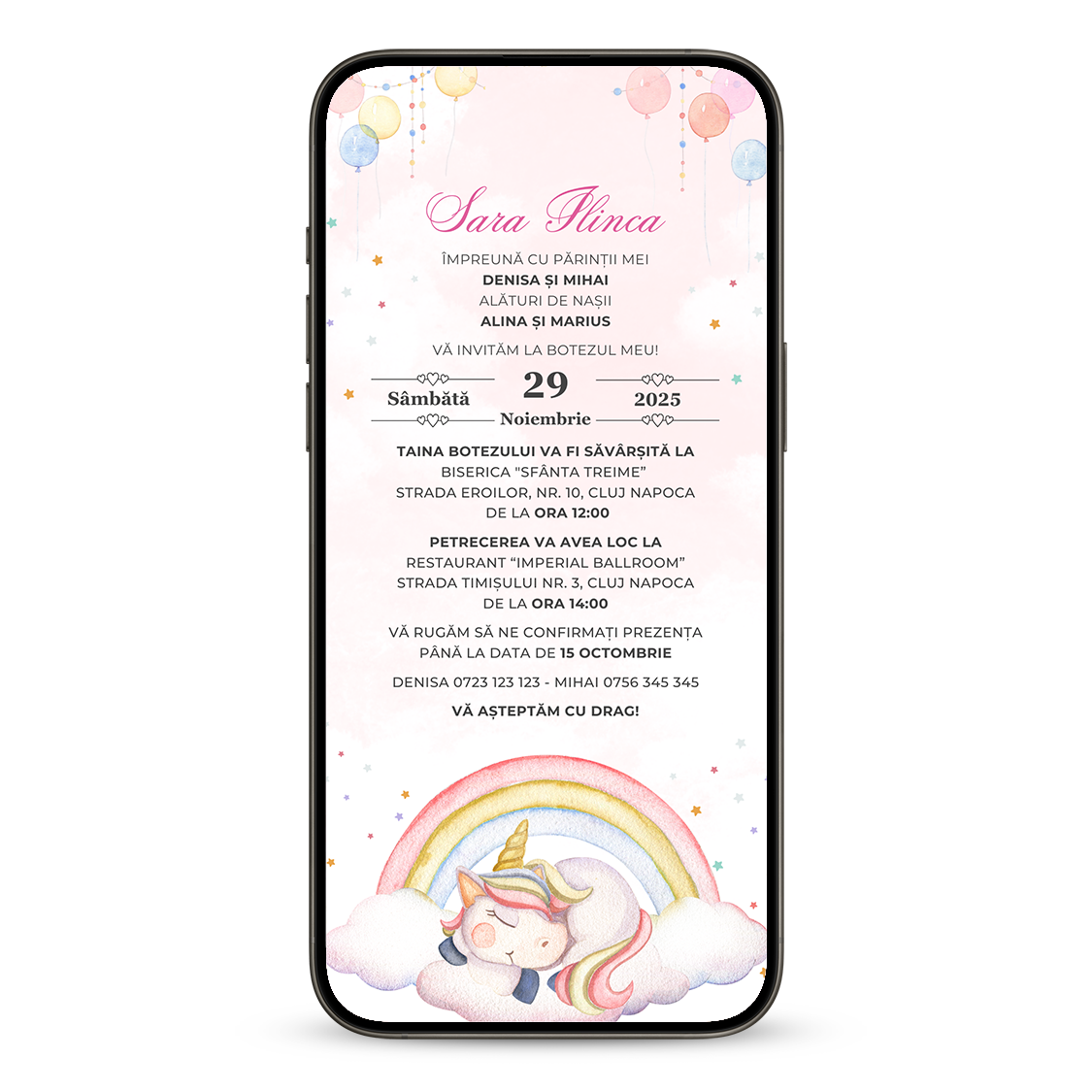 Invitatie Botez Unicorn, Format Digital-BalloonEvents.ro