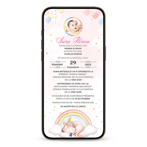 Invitatie Botez Unicorn, Format Digital-BalloonEvents.ro