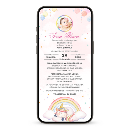 Invitatie Botez Unicorn, Format Digital-BalloonEvents.ro