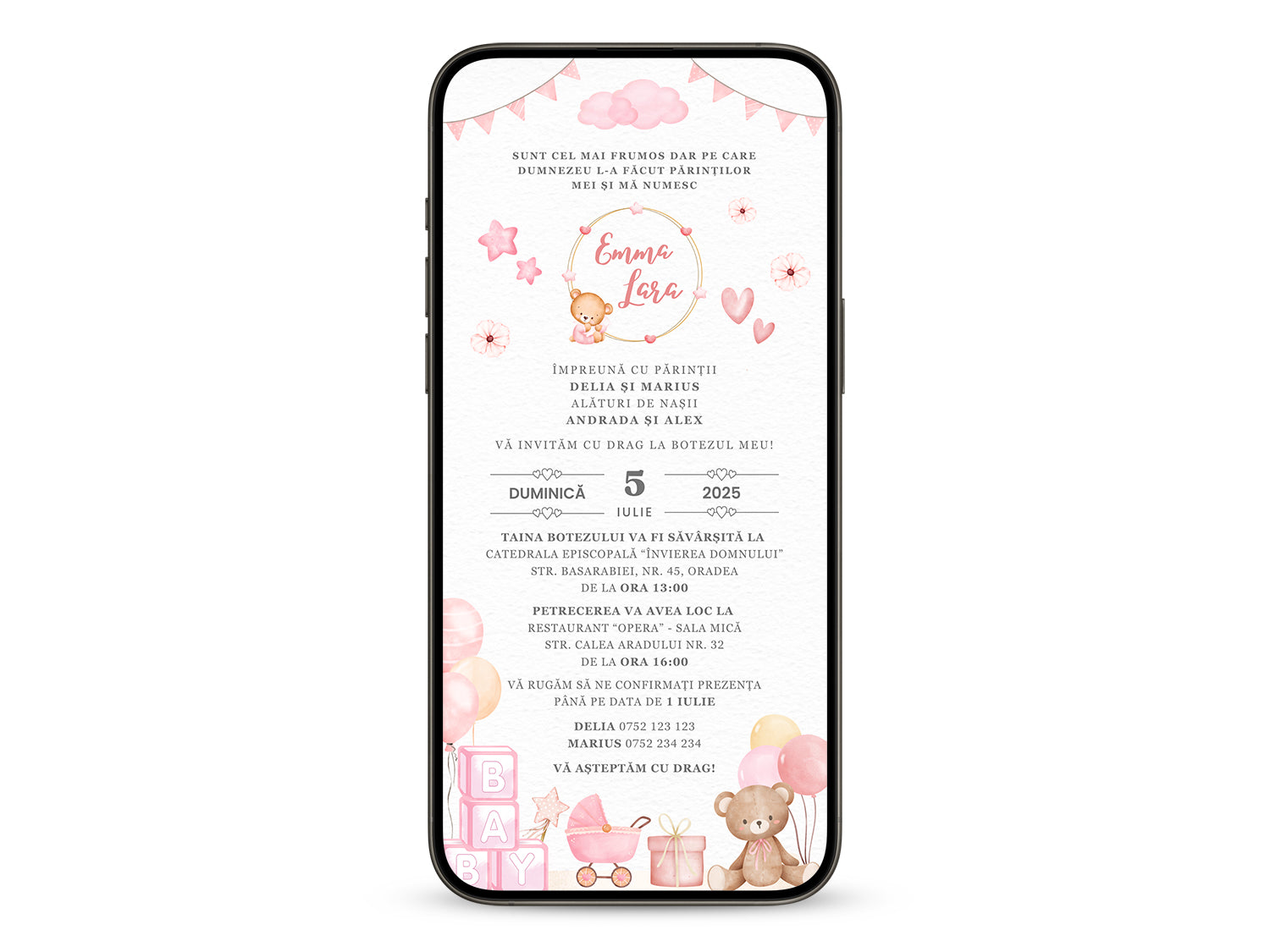 Invitatie Botez Ursuletul Jucaus Baby Girl, Format Digital