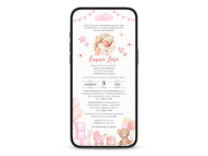 Invitatie Botez Ursuletul Jucaus Baby Girl, Format Digital