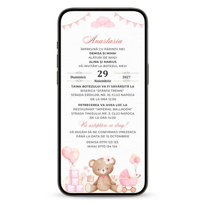 Invitatie Botez Ursuletul Jucaus Baby Girl, Format Digital