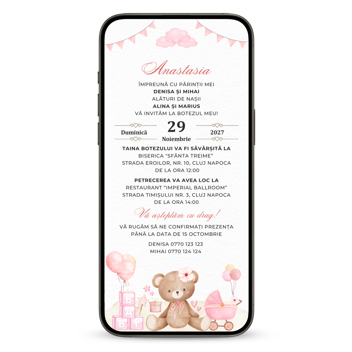 Invitatie Botez Ursuletul Jucaus Baby Girl, Format Digital-BalloonEvents.ro