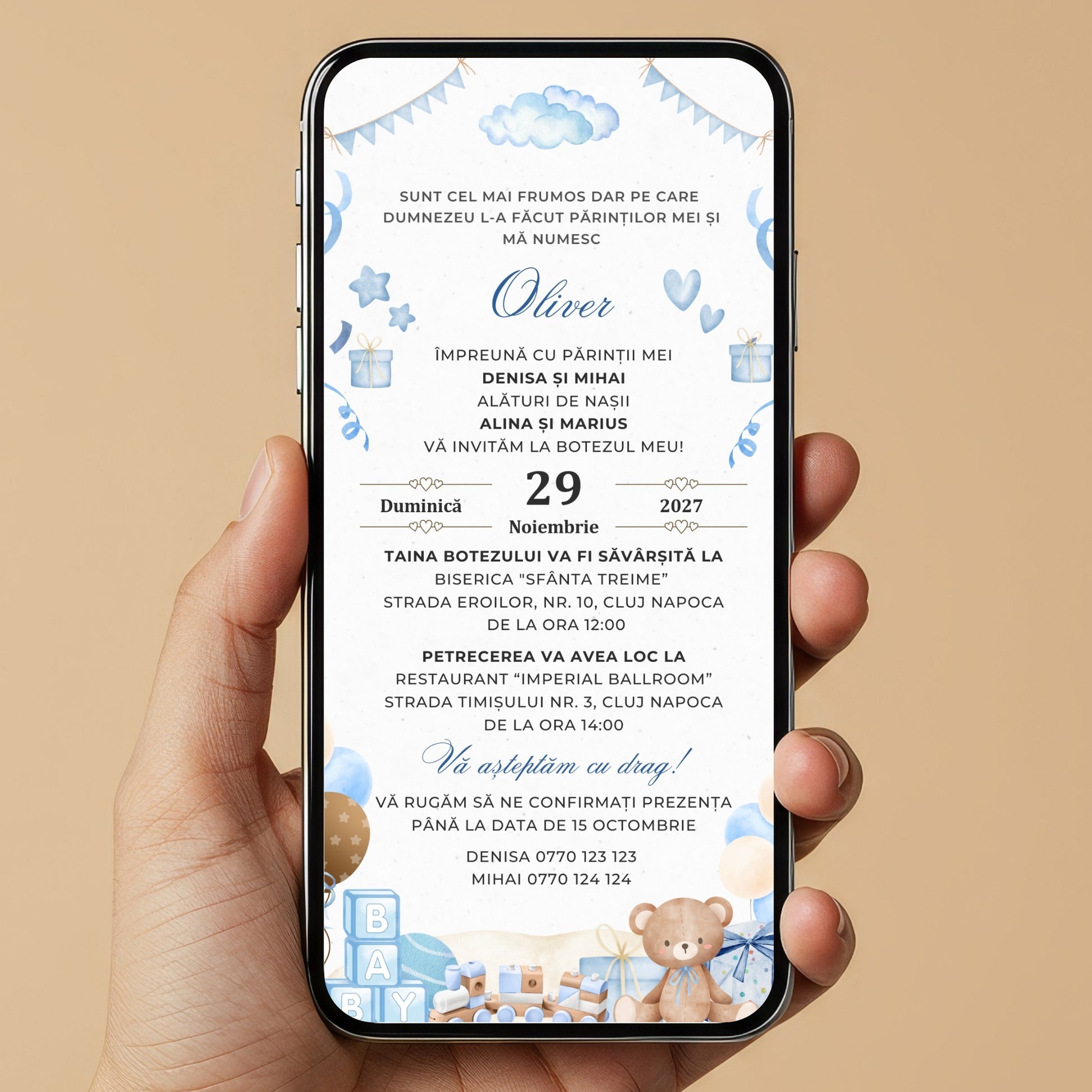 Invitatie Botez Ursuletul Jucaus Boy, Format Digital-BalloonEvents.ro