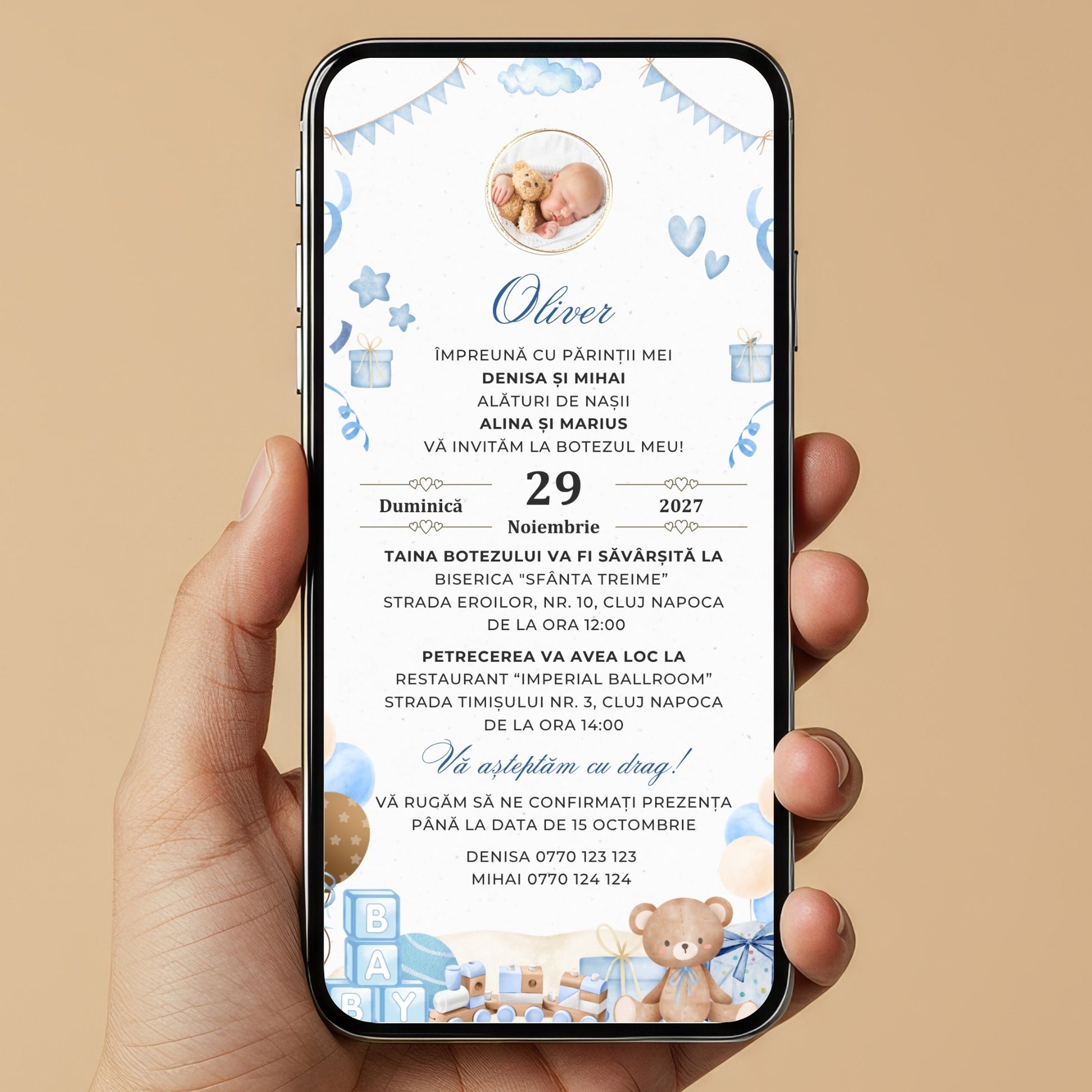 Invitatie Botez Ursuletul Jucaus Boy, Format Digital-BalloonEvents.ro