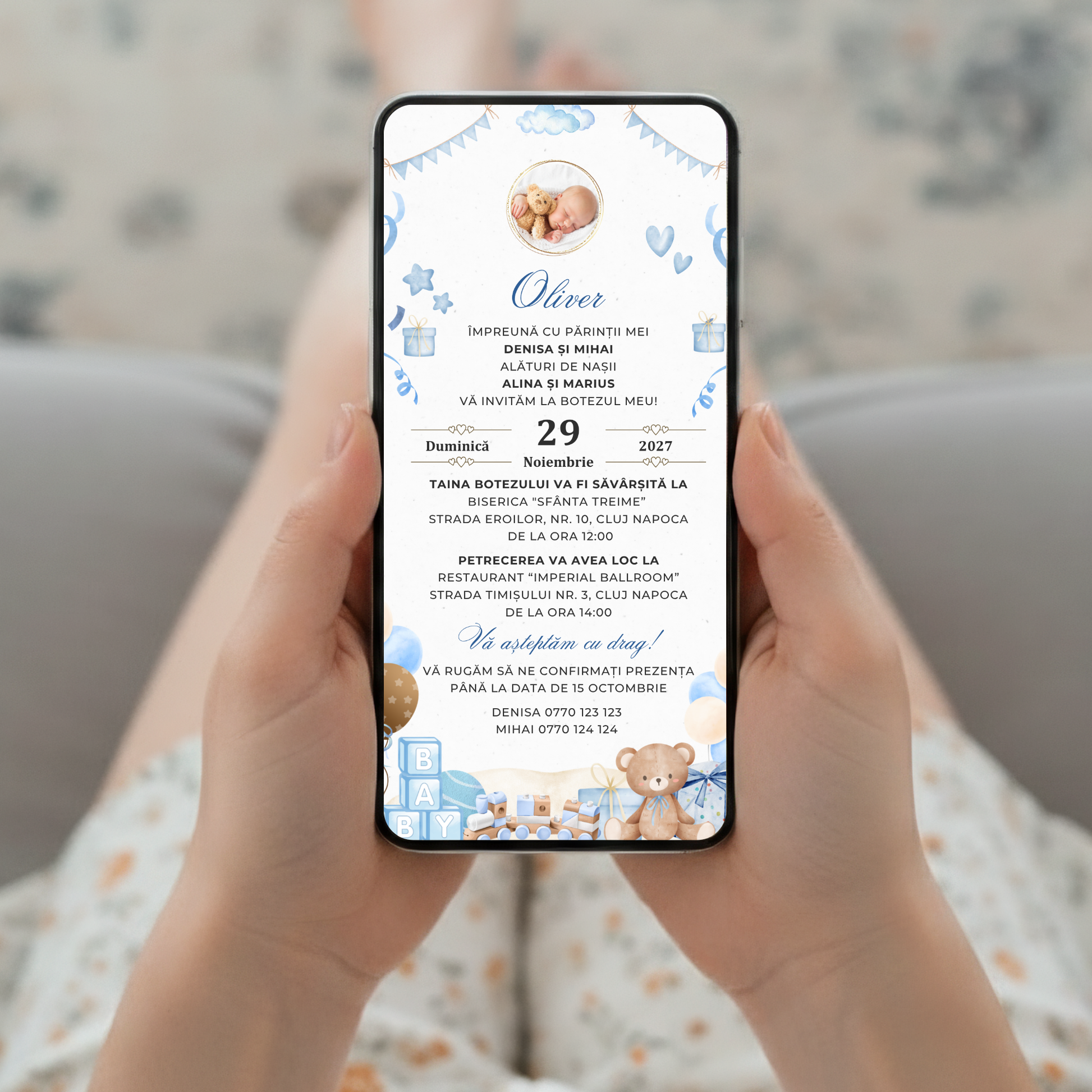 Invitatie Botez Ursuletul Jucaus Boy, Format Digital-BalloonEvents.ro