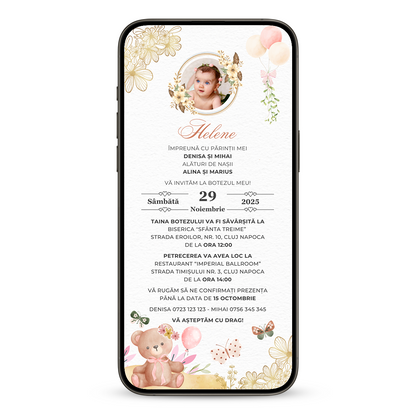 Invitatie Botez Ursuletul Si Fluturasii, Format Digital-BalloonEvents.ro