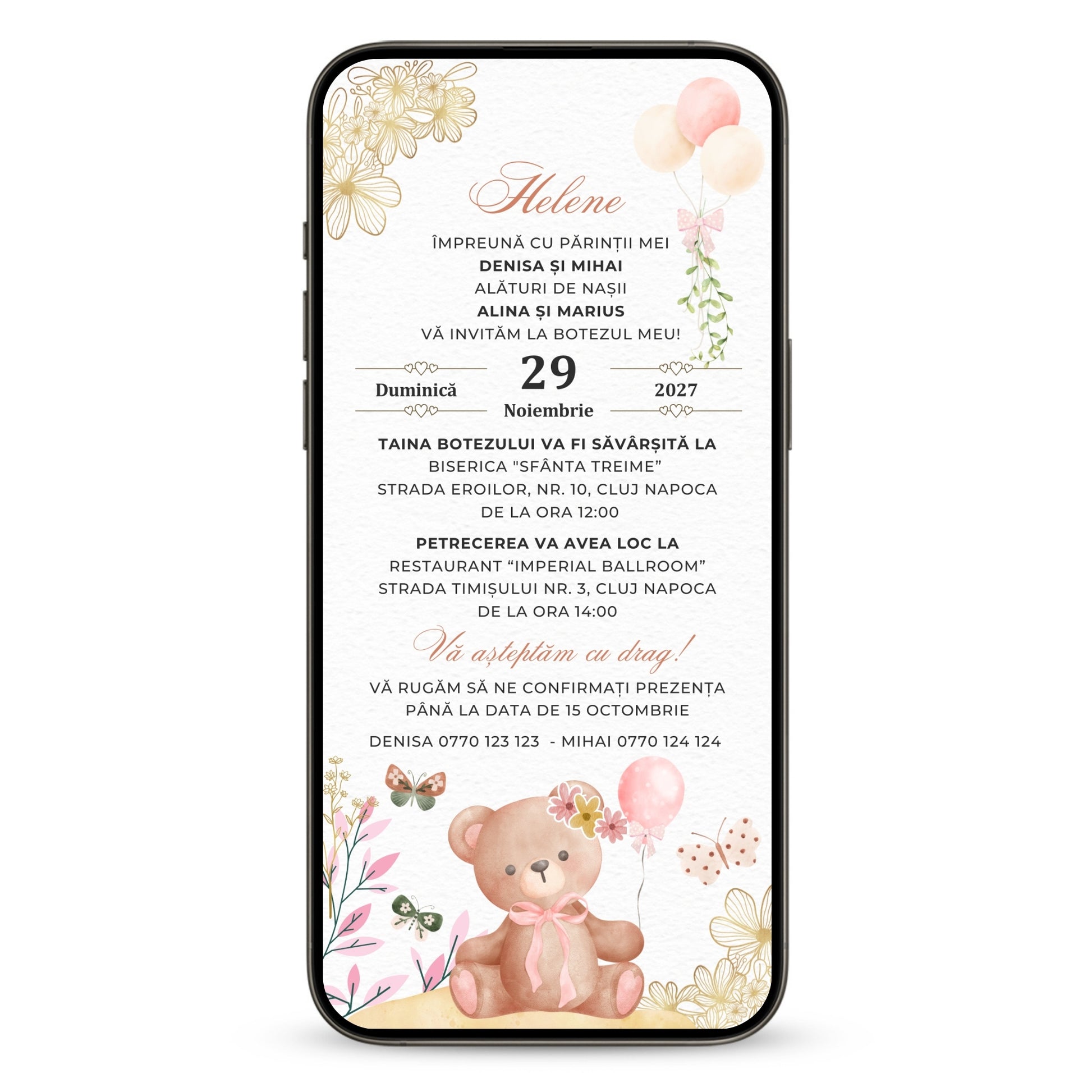 Invitatie Botez Ursuletul Si Fluturasii, Format Digital-BalloonEvents.ro