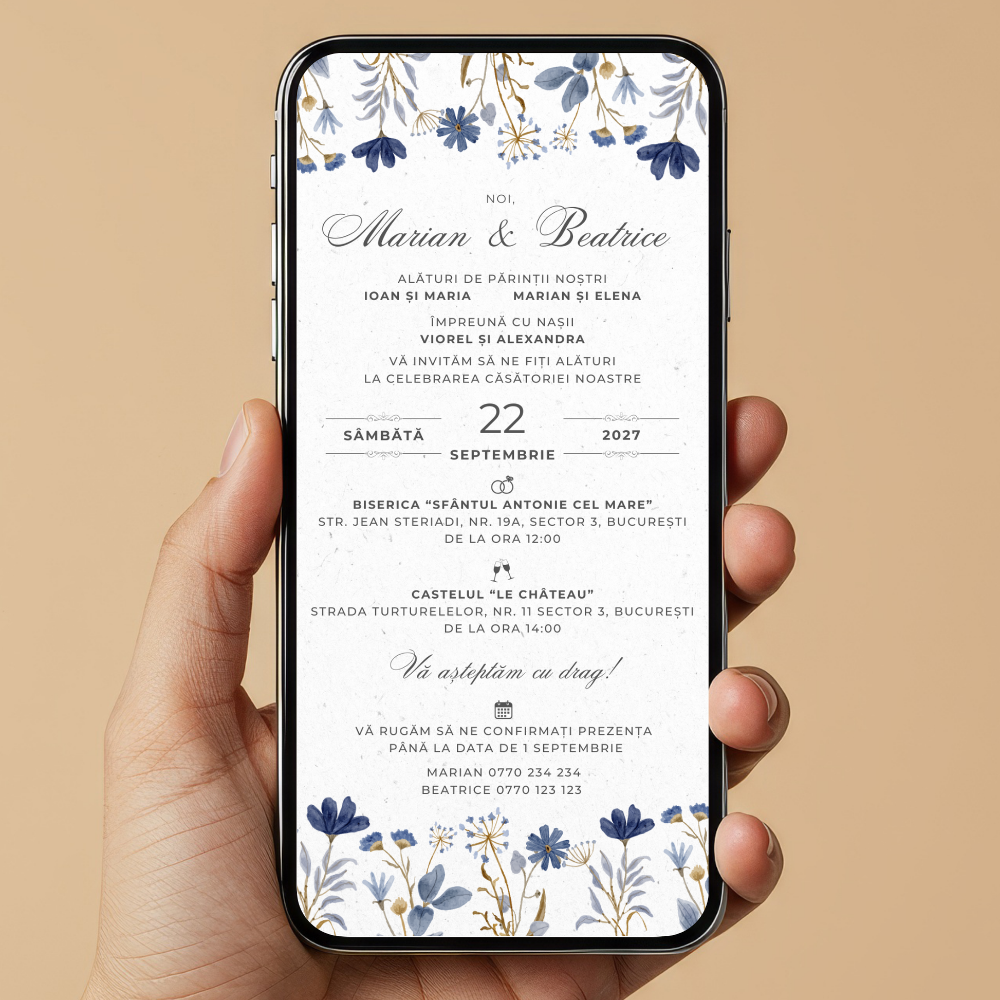 Invitatie Nunta Blue Flowers, Format Digital