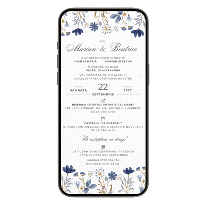 Invitatie Nunta Blue Flowers, Format Digital