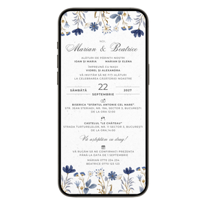 Invitatie Cununie Civila Blue Flowers, Format Digital