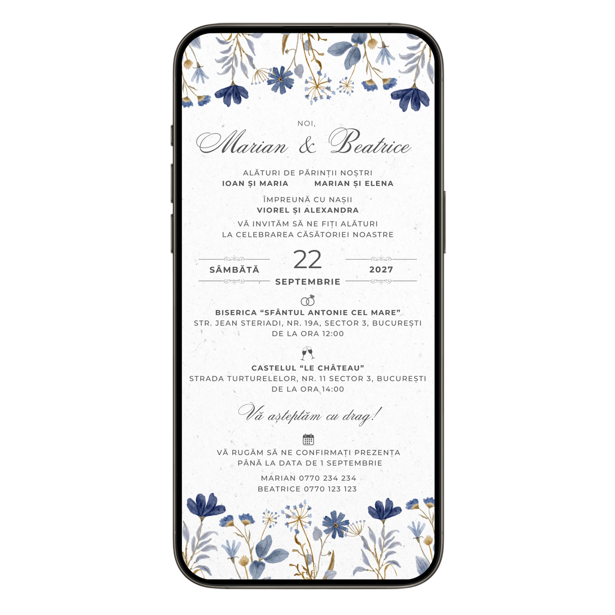 Invitatie Nunta Blue Flowers, Format Digital-BalloonEvents.ro