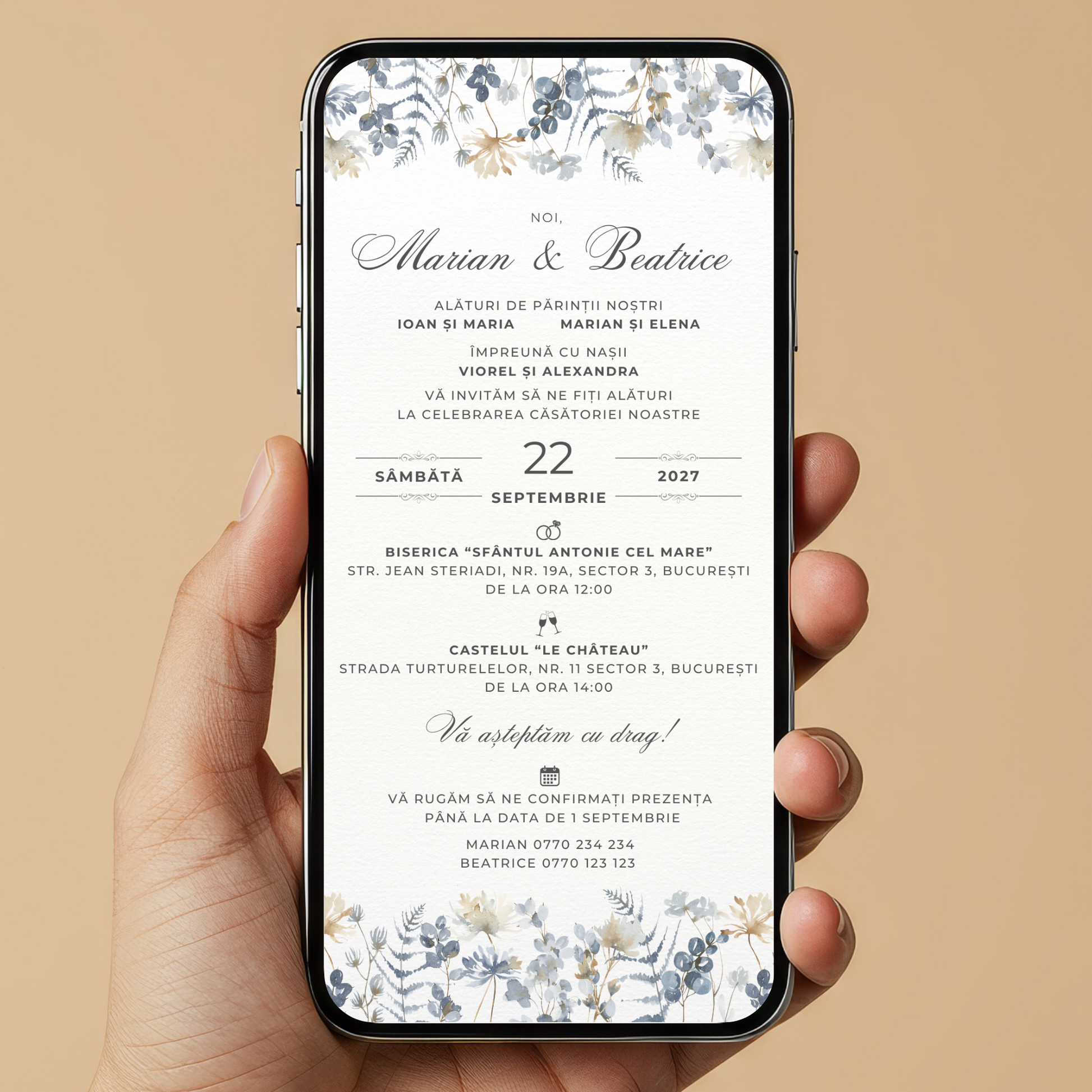 Invitatie Nunta Blue and White, Format Digital