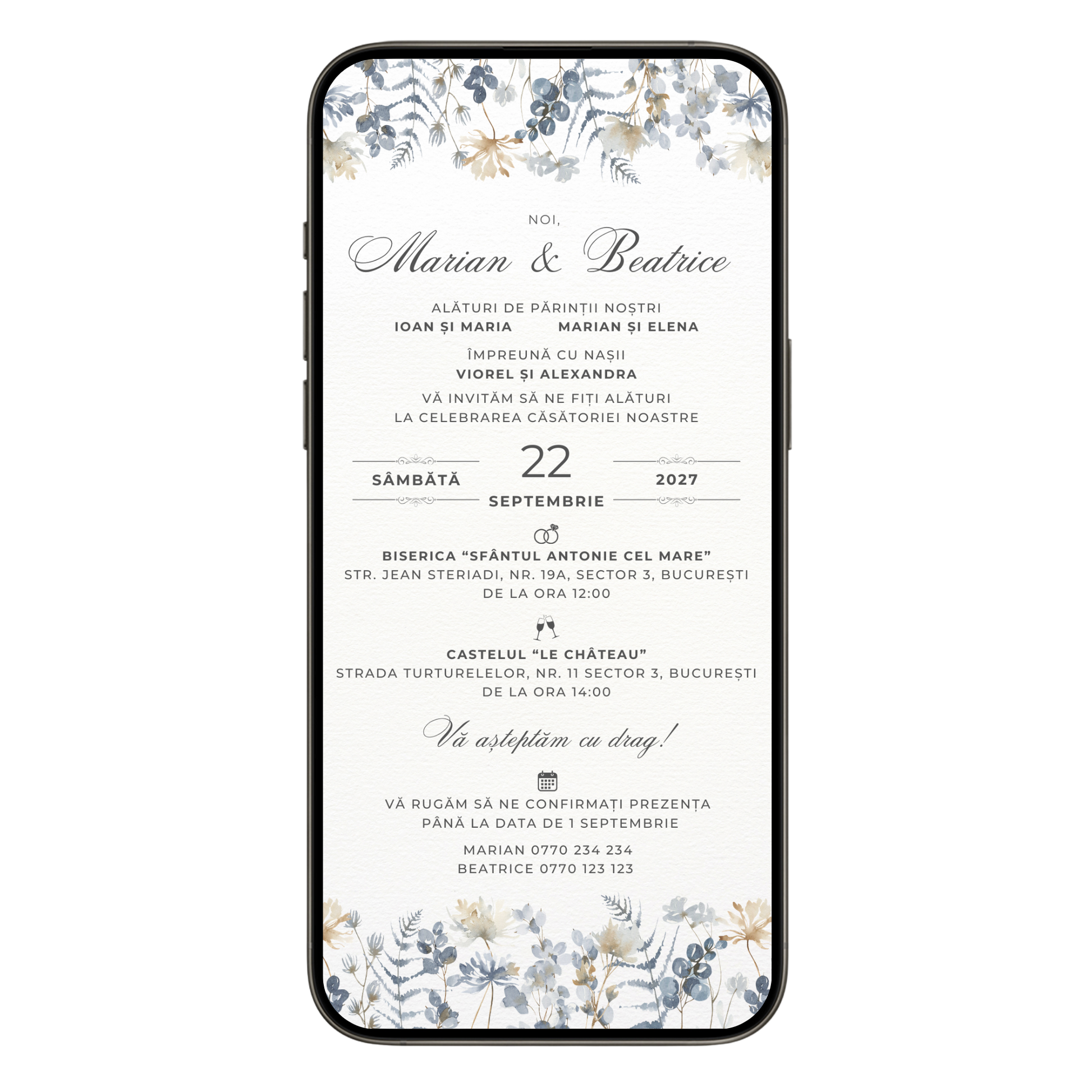 Invitatie Nunta Blue and White, Format Digital