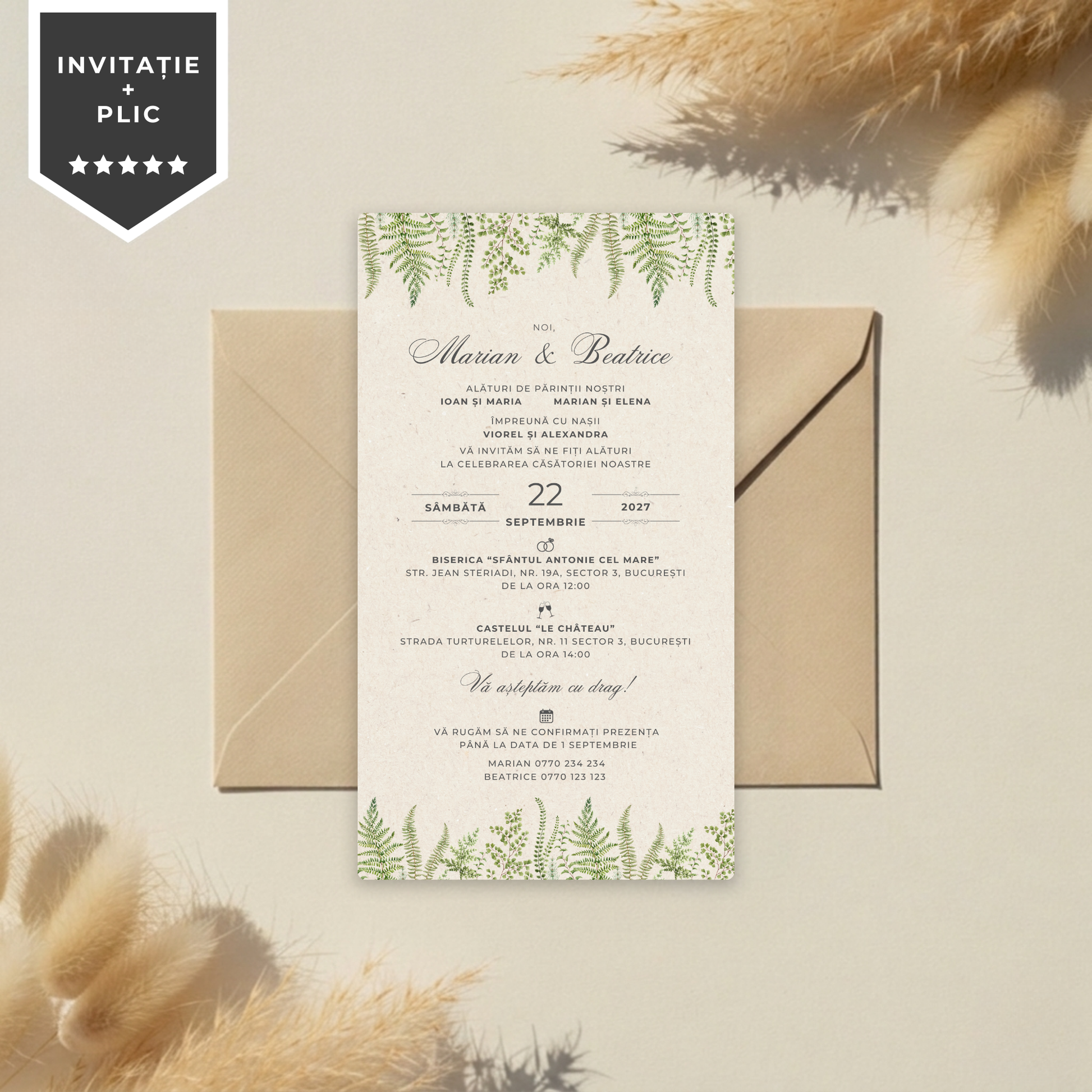 Invitatie Nunta Retro Green Kraft, Format Digital