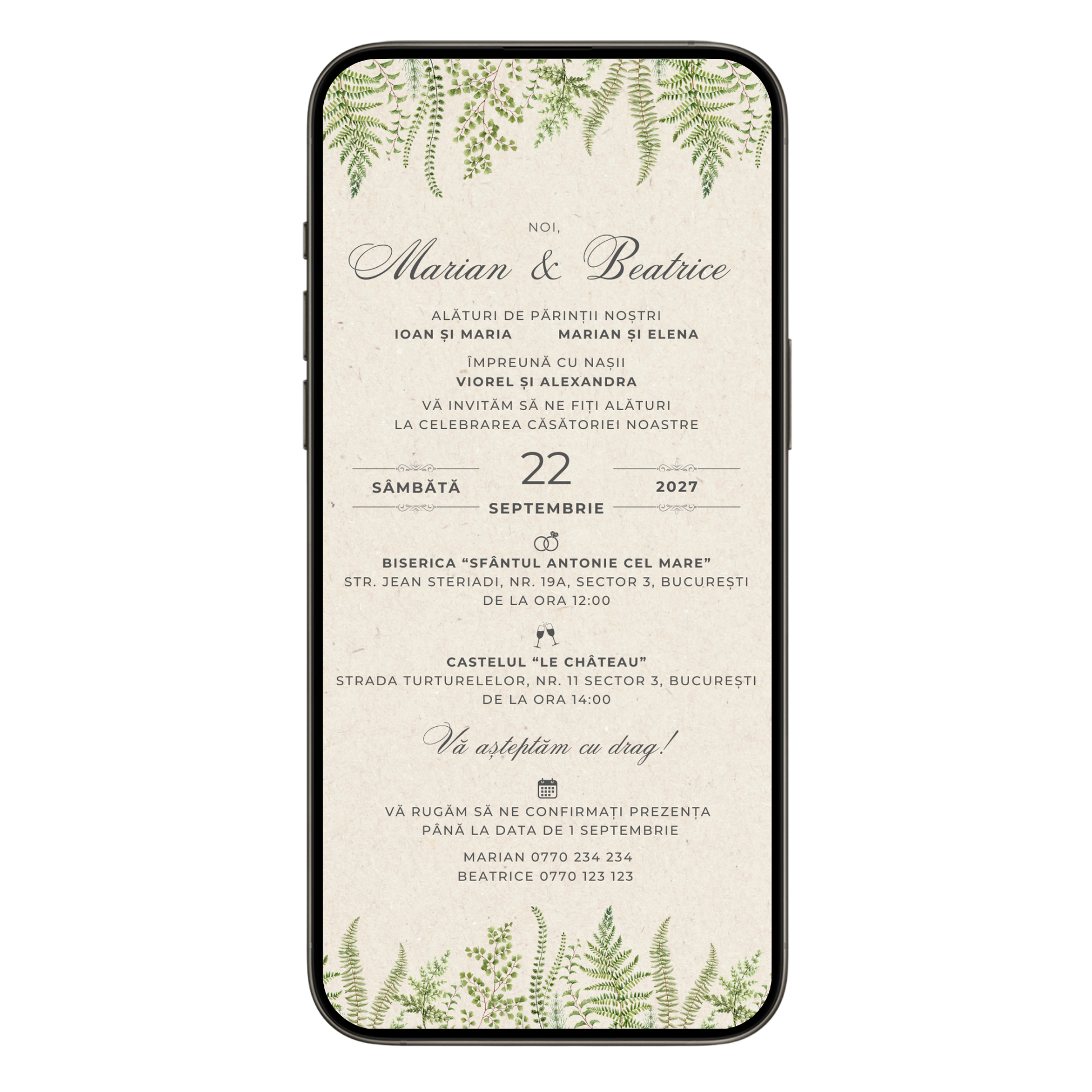 Invitatie Nunta Retro Green Kraft, Format Digital