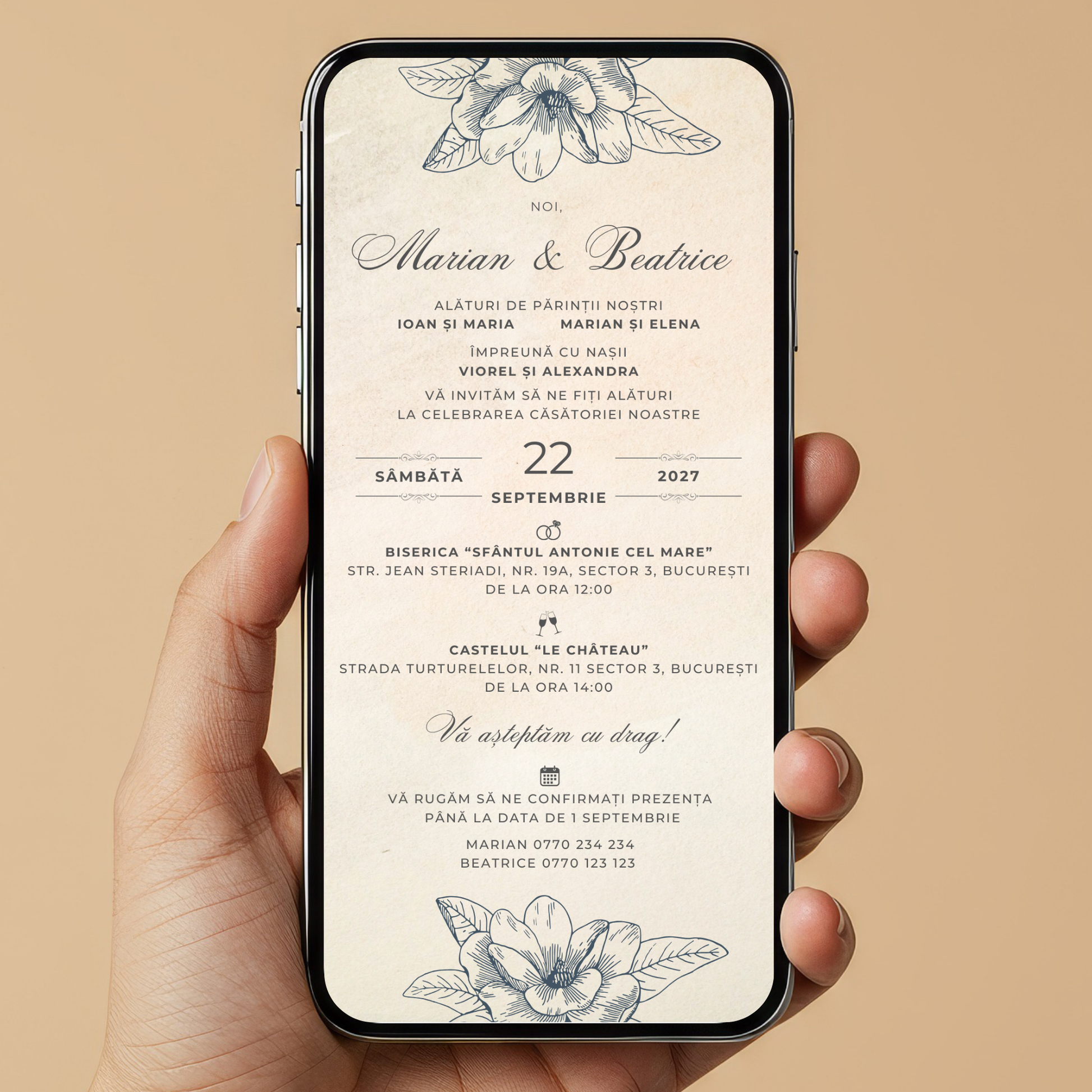 Invitatie Nunta Retro Minimalist Flowers, Format Digital