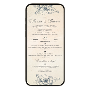 Invitatie Nunta Retro Minimalist Flowers, Format Digital