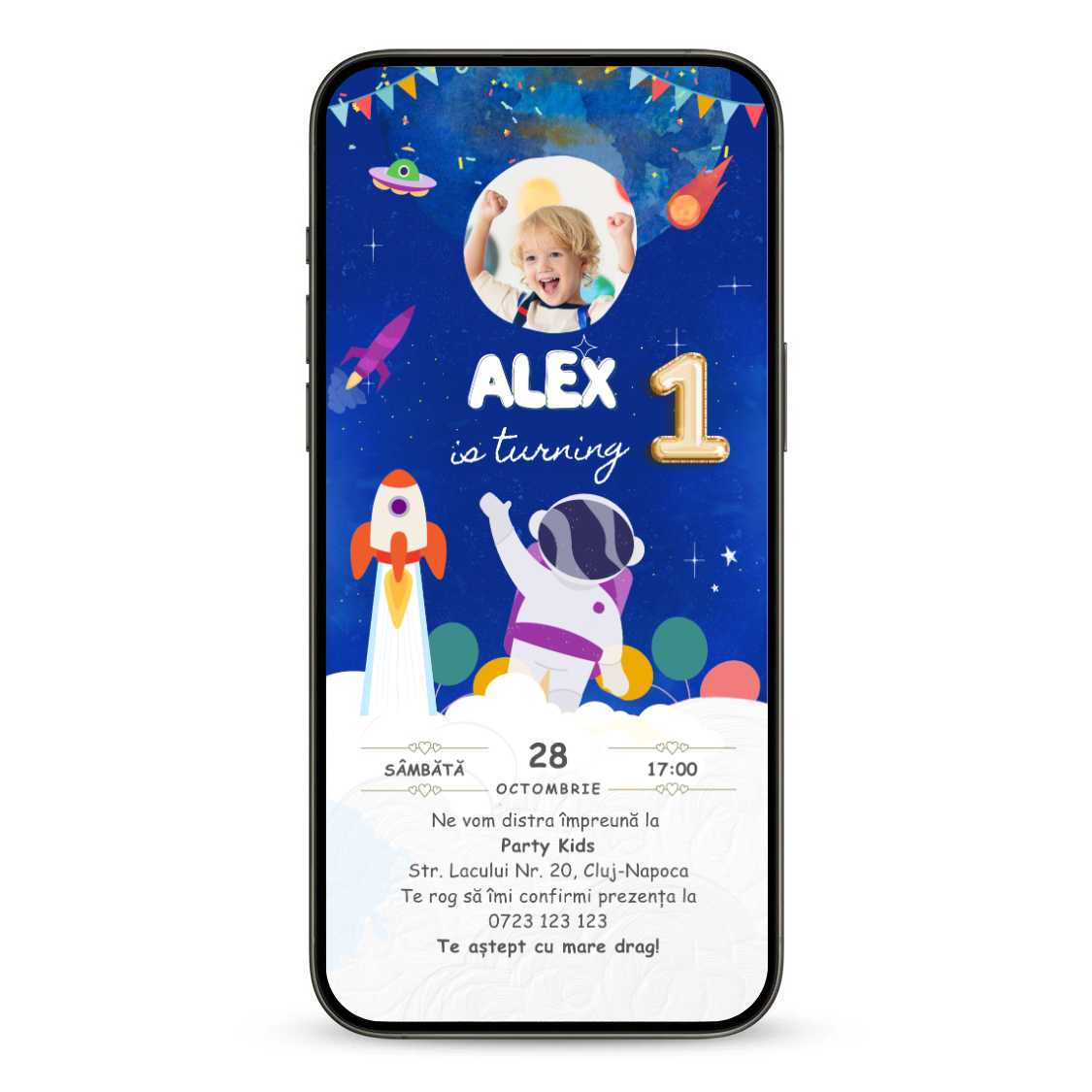 Invitatie Zi De Nastere Animata GIF, Astronaut Kid-BalloonEvents.ro