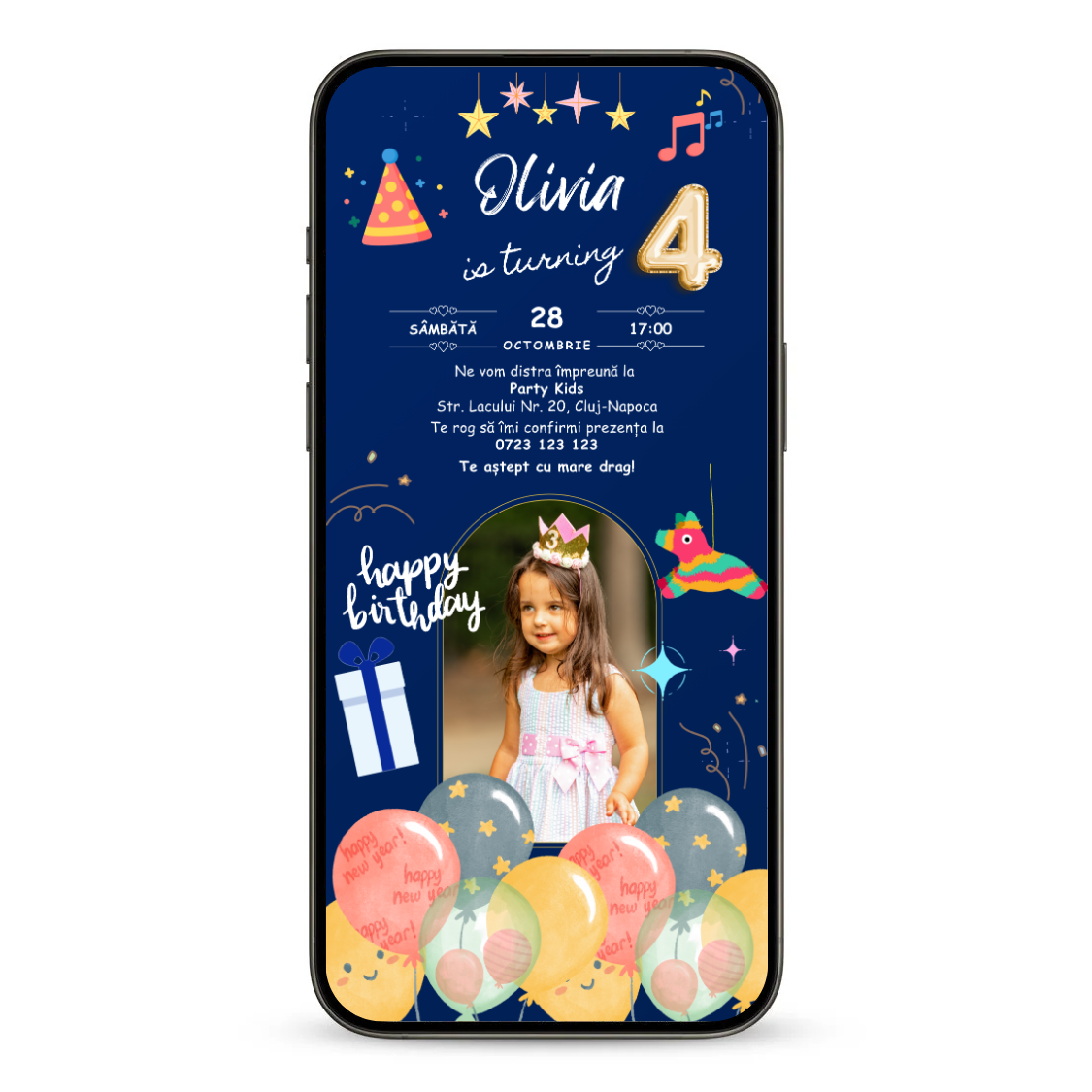 Invitatie Zi De Nastere Animata GIF, Party Girl-BalloonEvents.ro