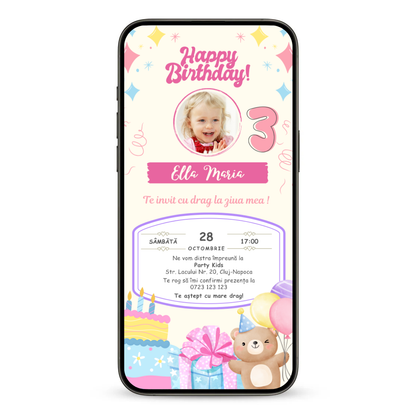 Invitatie Zi De Nastere Animata GIF, Pink Happy Girl-BalloonEvents.ro