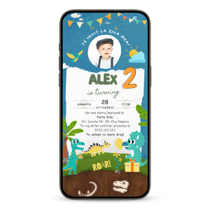 Invitatie Zi De Nastere Animata GIF, Playful Dinosaur-BalloonEvents.ro