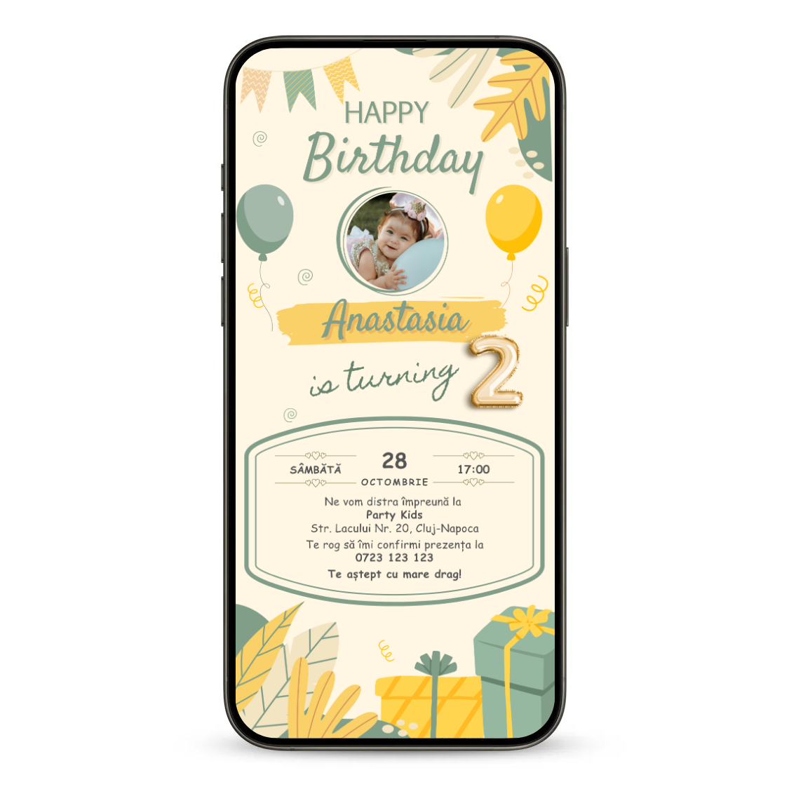 Invitatie Zi De Nastere Animata GIF, Retro Style Girl-BalloonEvents.ro