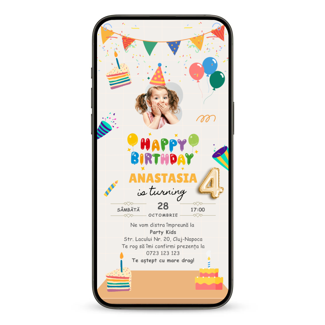 Invitatie Zi De Nastere Animata GIF, School Girl-BalloonEvents.ro