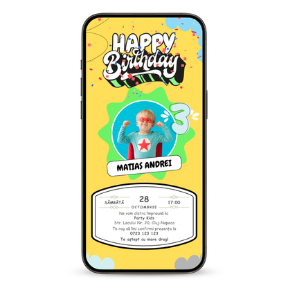 Invitatie Zi De Nastere Animata GIF, Super Hero-BalloonEvents.ro