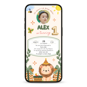 Invitatie Zi De Nastere Animata GIF, Super Safari Lion-BalloonEvents.ro