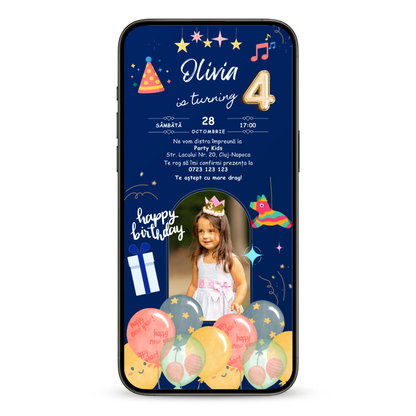 Invitatie Zi De Nastere Animata GIF, Party Girl-BalloonEvents.ro