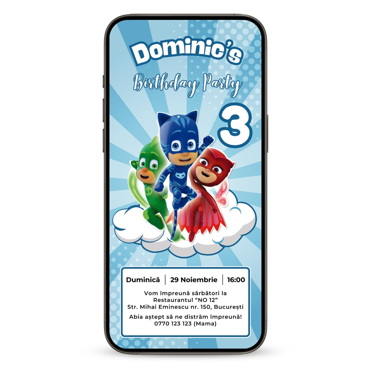 Invitatie Zi De Nastere Eroi in Pijama, Format Digital-BalloonEvents.ro
