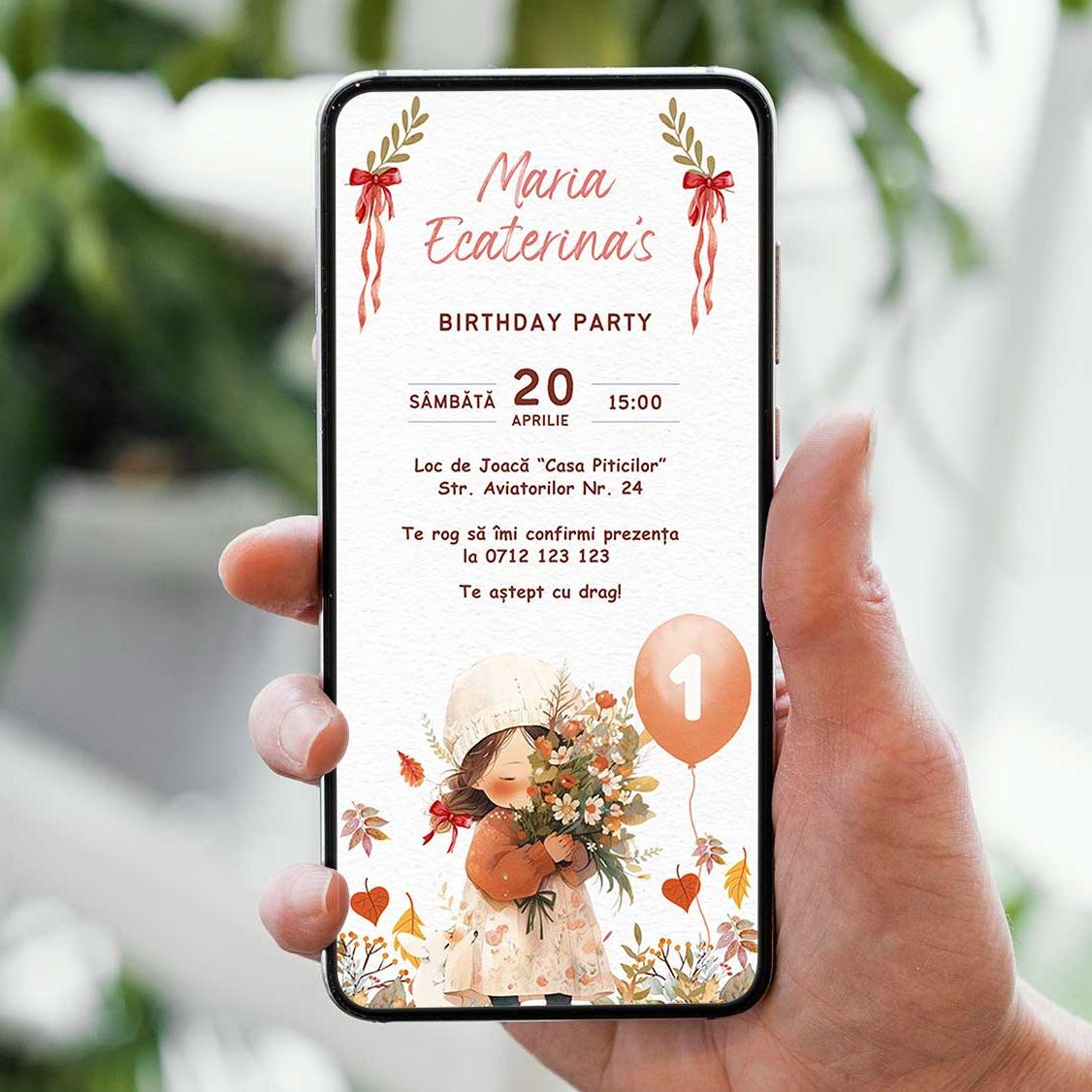 Invitatie Zi De Nastere Fetita Cu Fundite, Format Digital